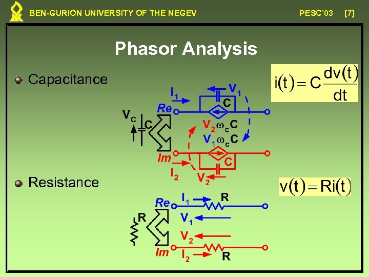 BEN-GURION UNIVERSITY OF THE NEGEV Phasor Analysis Capacitance Resistance PESC’ 03 [7] 
