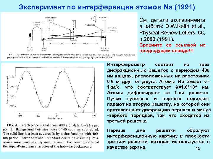 Эксперимент по интерференции атомов Na (1991) См. детали эксперимента в работе: D. W. Keith