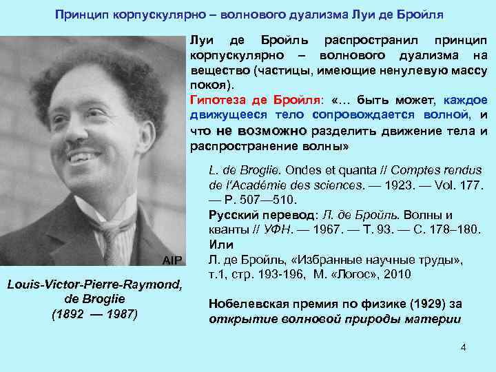 Принцип корпускулярно – волнового дуализма Луи де Бройля Луи де Бройль распространил принцип корпускулярно