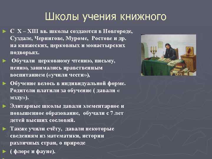 Школы учения книжного ► ► ► С X – XIII вв. школы создаются в