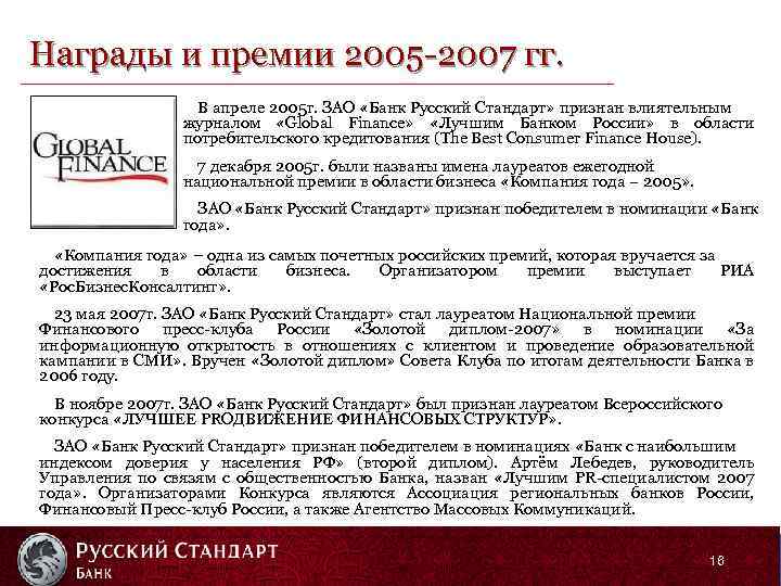 Награды и премии 2005 -2007 гг. В апреле 2005 г. ЗАО «Банк Русский Стандарт»