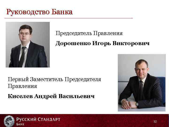 Руководство Банка Председатель Правления Дорошенко Игорь Викторович Первый Заместитель Председателя Правления Киселев Андрей Васильевич