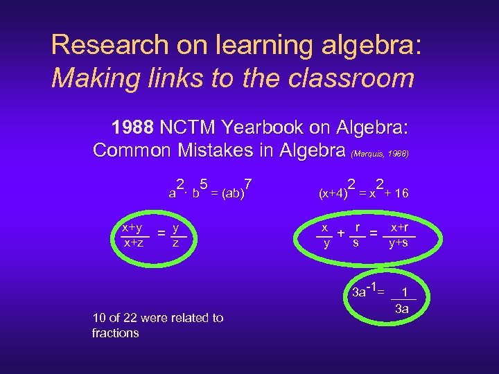 Research on learning algebra: Making links to the classroom 1988 NCTM Yearbook on Algebra: