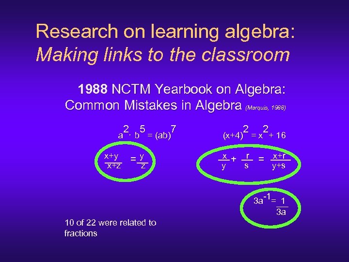 Research on learning algebra: Making links to the classroom 1988 NCTM Yearbook on Algebra: