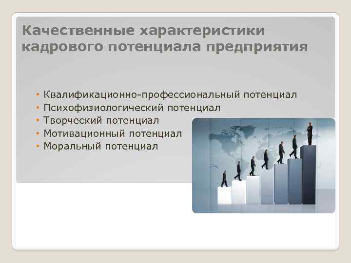 Качественные характеристики кадрового потенциала предприятия • • • Квалификационно-профессиональный потенциал Психофизиологический потенциал Творческий потенциал