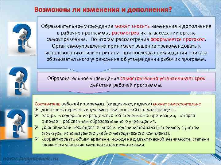Возможны ли изменения и дополнения? Образовательное учреждение может вносить изменения и дополнения в рабочие
