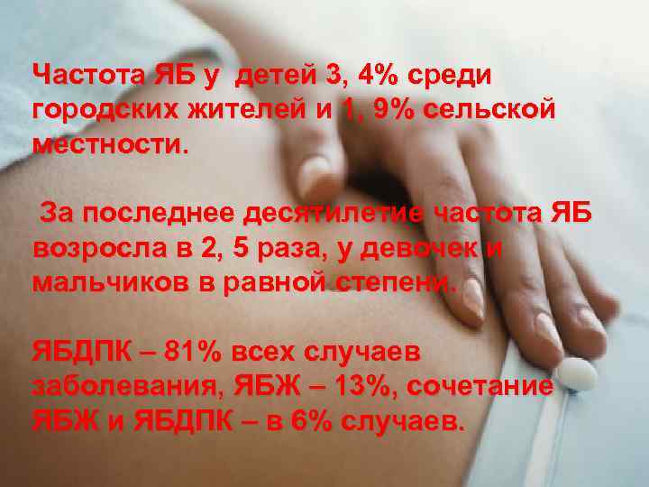 Частота ЯБ у детей 3, 4% среди городских жителей и 1, 9% сельской местности.