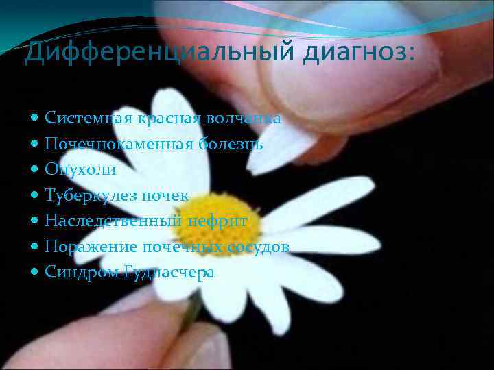 Дифференциальный диагноз: Системная красная волчанка Почечнокаменная болезнь Опухоли Туберкулез почек Наследственный нефрит Поражение почечных