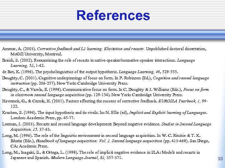 References Ammar, A. (2003). Corrective feedback and L 2 learning: Elicitation and recasts. Unpublished