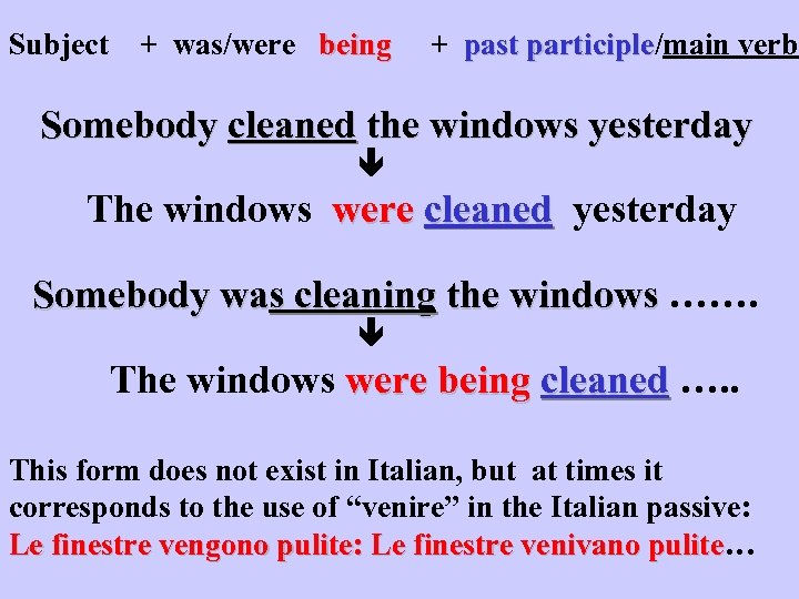 Subject + was/were being + past participle/main verb participle Somebody cleaned the windows yesterday