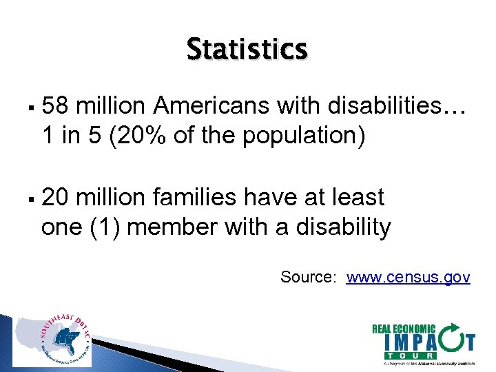 Statistics § 58 million Americans with disabilities… 1 in 5 (20% of the population)