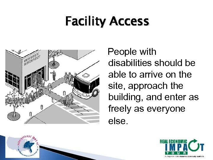 Facility Access People with disabilities should be able to arrive on the site, approach