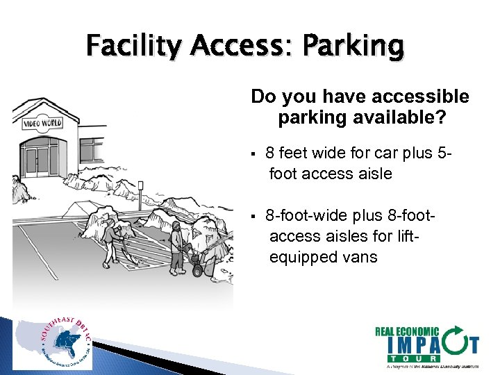 Facility Access: Parking Do you have accessible parking available? § 8 feet wide for