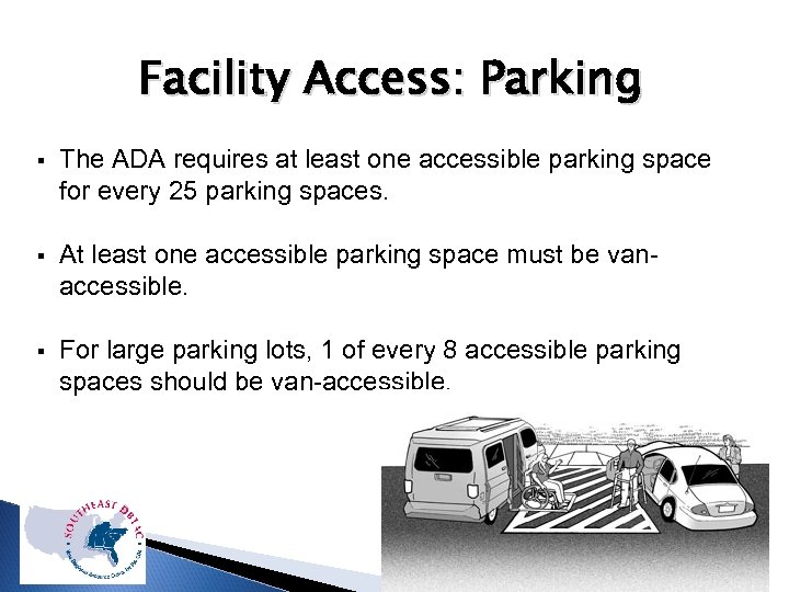 Facility Access: Parking § The ADA requires at least one accessible parking space for