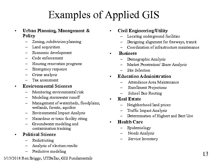 Examples of Applied GIS • Urban Planning, Management & Policy – – – –