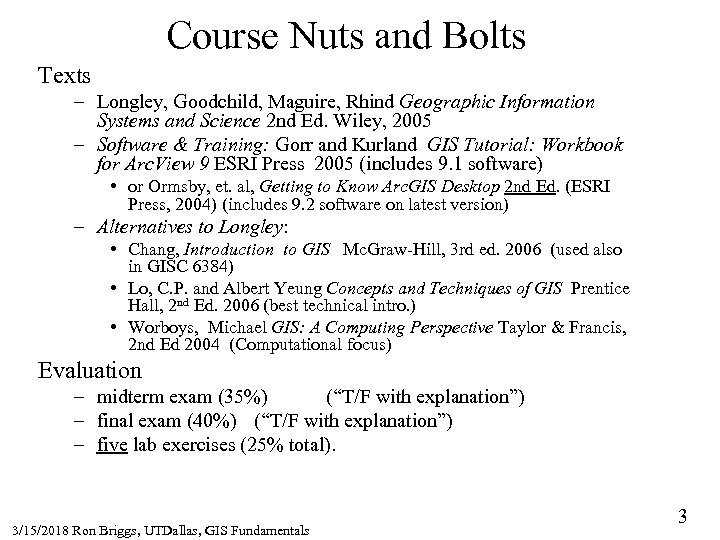 Course Nuts and Bolts Texts – Longley, Goodchild, Maguire, Rhind Geographic Information Systems and