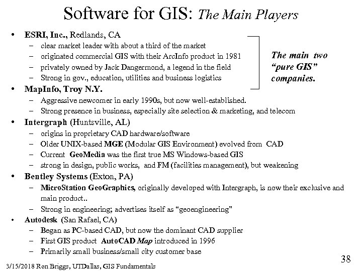 Software for GIS: The Main Players • ESRI, Inc. , Redlands, CA – –