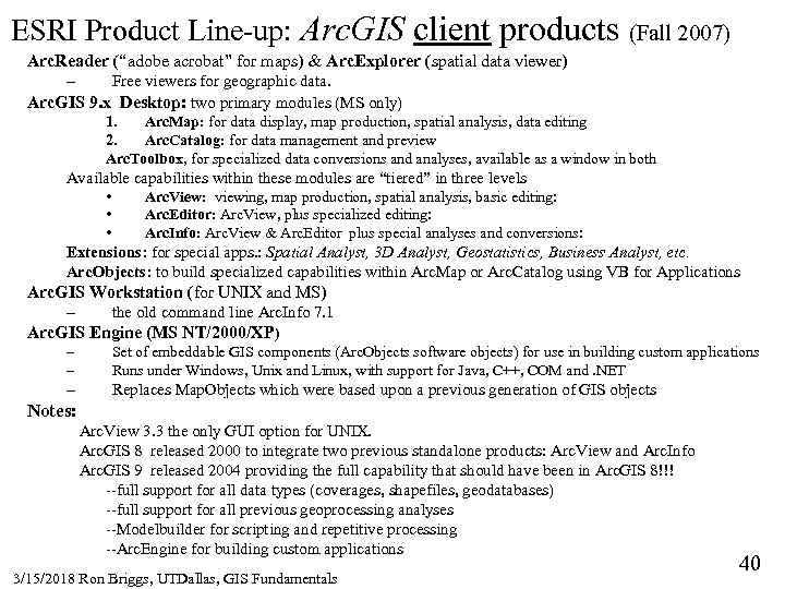 ESRI Product Line-up: Arc. GIS client products (Fall 2007) Arc. Reader (“adobe acrobat” for