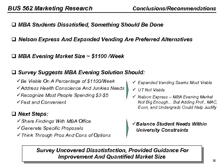 BUS 562 Marketing Research Conclusions/Recommendations q MBA Students Dissatisfied, Something Should Be Done q