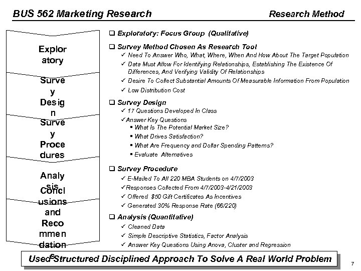 BUS 562 Marketing Research Method q Exploratory: Focus Group (Qualitative) Explor atory Surve y
