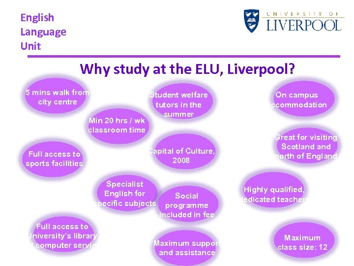 English Language Unit Why study at the ELU, Liverpool? 5 mins walk from city