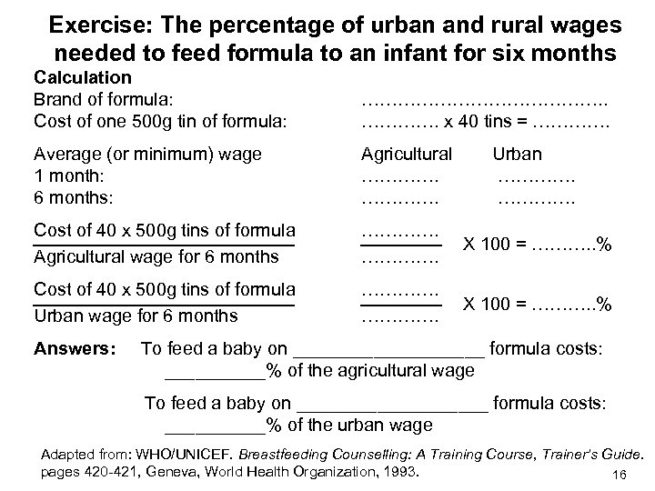 Exercise: The percentage of urban and rural wages needed to feed formula to an