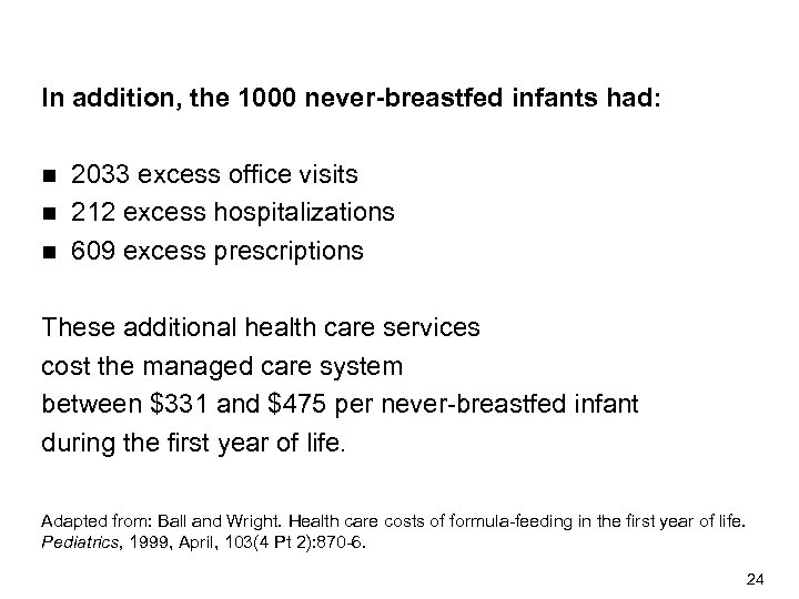 In addition, the 1000 never-breastfed infants had: 2033 excess office visits n 212 excess