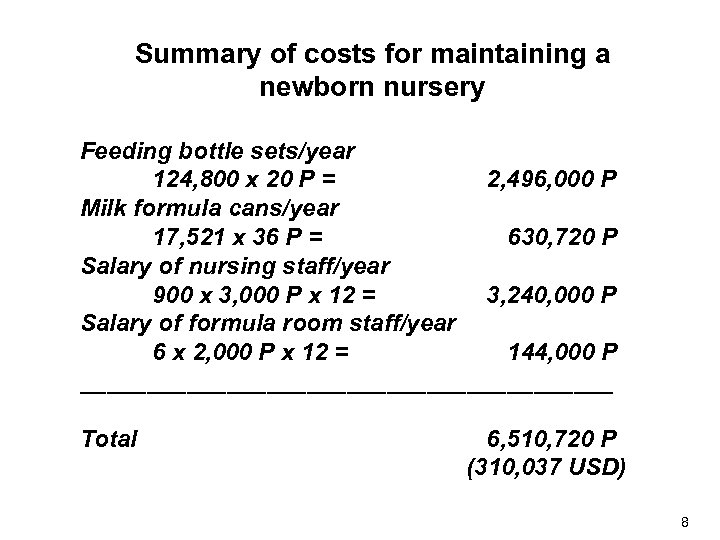 Summary of costs for maintaining a newborn nursery Feeding bottle sets/year 124, 800 x