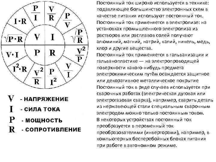 Постоянный ток широко используется в технике: подавляющее большинство электронных схем в качестве питания используют