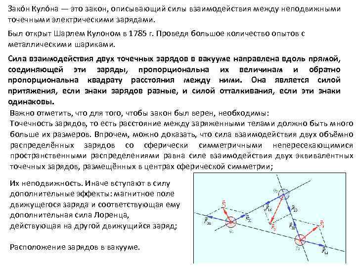 Зако н Куло на — это закон, описывающий силы взаимодействия между неподвижными точечными электрическими