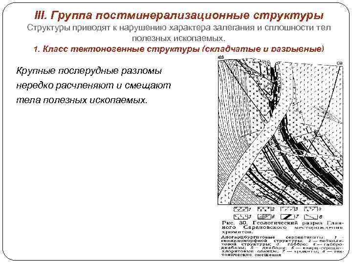 III. Группа постминерализационные структуры Структуры приводят к нарушению характера залегания и сплошности тел полезных