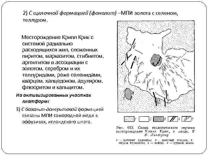 2) С щелочной формацией (фонолит) –МПИ золота с селеном, теллуром. Месторождение Крипл Крик с