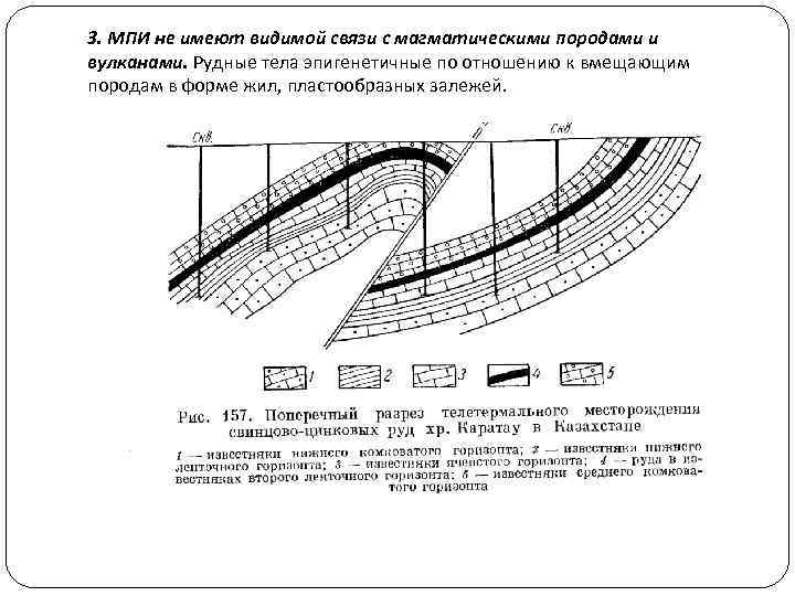 3. МПИ не имеют видимой связи с магматическими породами и вулканами. Рудные тела эпигенетичные
