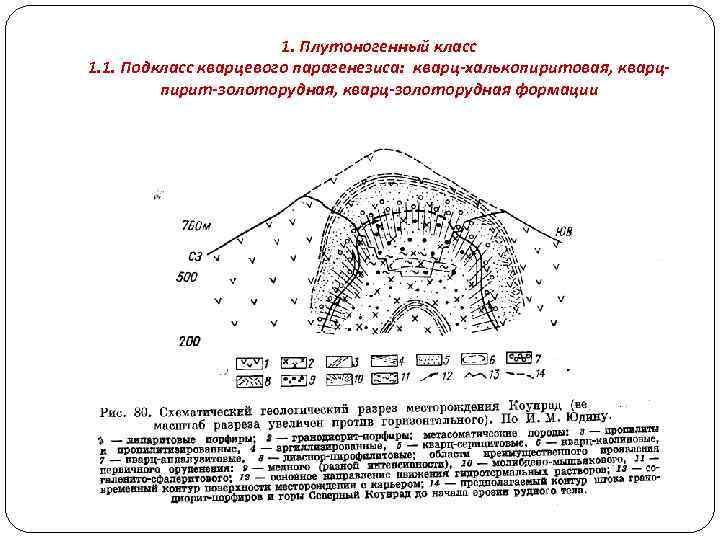 1. Плутоногенный класс 1. 1. Подкласс кварцевого парагенезиса: кварц-халькопиритовая, кварцпирит-золоторудная, кварц-золоторудная формации 