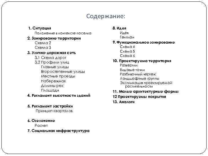 Содержание: 1. Ситуация Положение в контексте поселка 2. Зонирование территории Схема 2 Схема 3