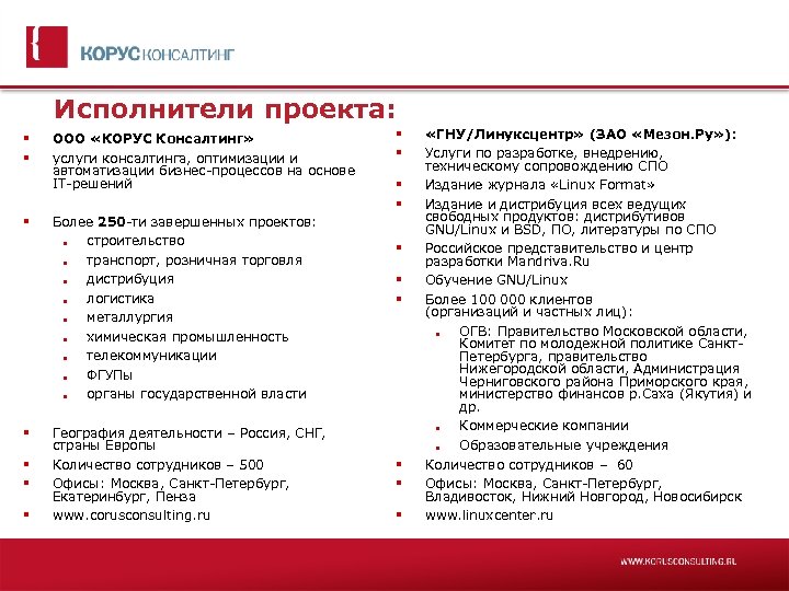 Исполнители проекта: ООО «КОРУС Консалтинг» услуги консалтинга, оптимизации и автоматизации бизнес-процессов на основе IT-решений