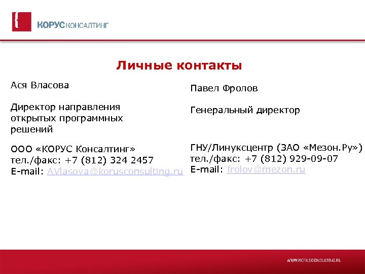 Личные контакты Ася Власова Павел Фролов Директор направления открытых программных решений Генеральный директор ГНУ/Линуксцентр