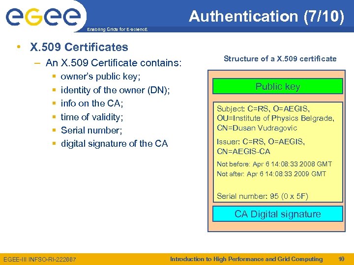 Authentication (7/10) Enabling Grids for E-scienc. E • X. 509 Certificates – An X.