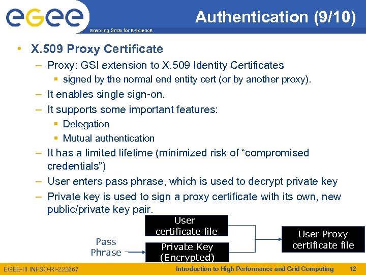 Authentication (9/10) Enabling Grids for E-scienc. E • X. 509 Proxy Certificate – Proxy: