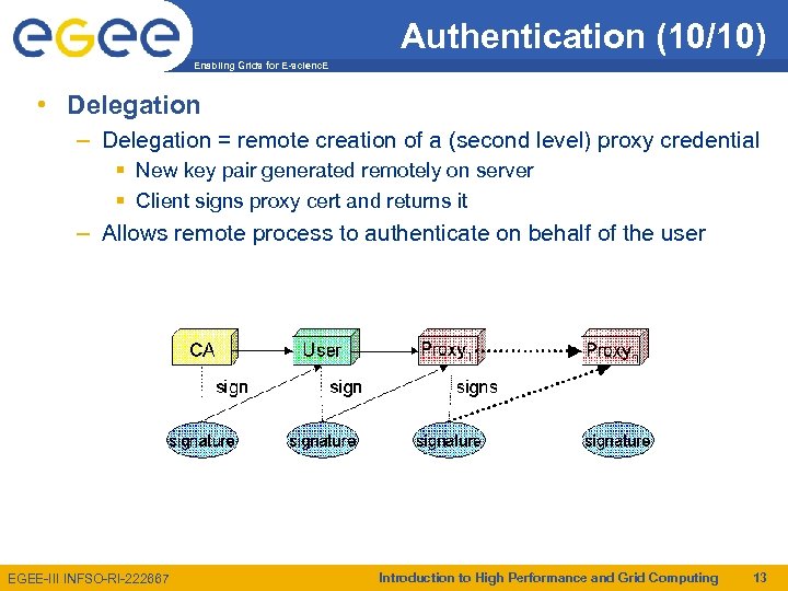 Authentication (10/10) Enabling Grids for E-scienc. E • Delegation – Delegation = remote creation