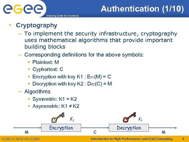 Authentication (1/10) Enabling Grids for E-scienc. E • Cryptography – To implement the security