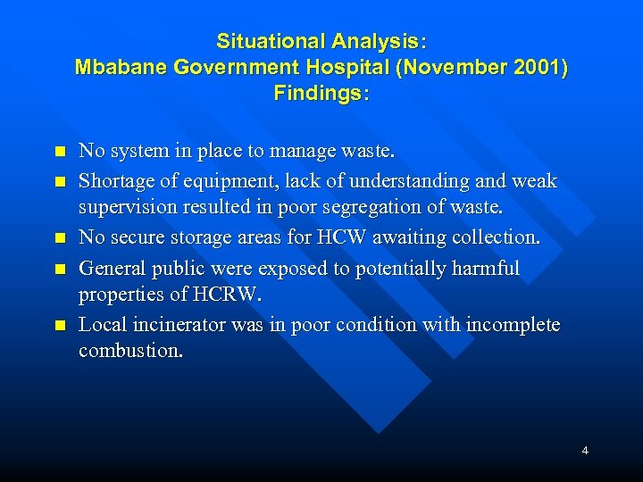 Situational Analysis: Mbabane Government Hospital (November 2001) Findings: n n n No system in
