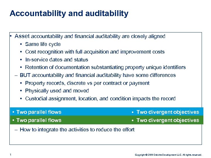 Accountability and auditability • Asset accountability and financial auditability are closely aligned • Same