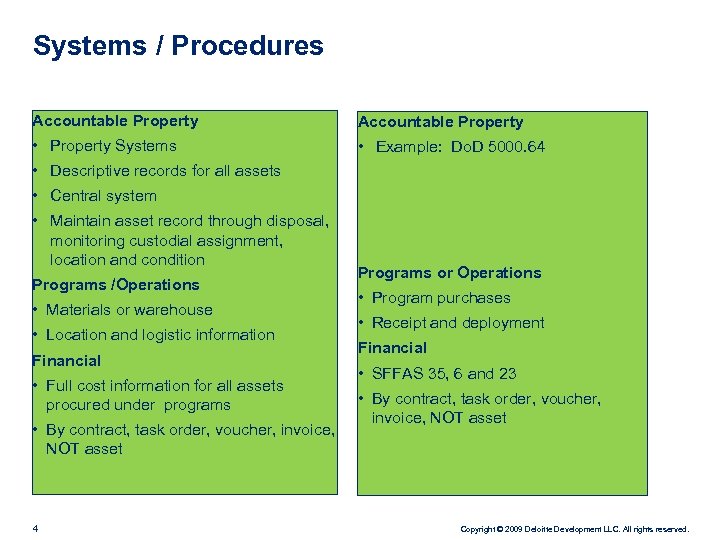 Systems / Procedures Accountable Property • Property Systems • Example: Do. D 5000. 64