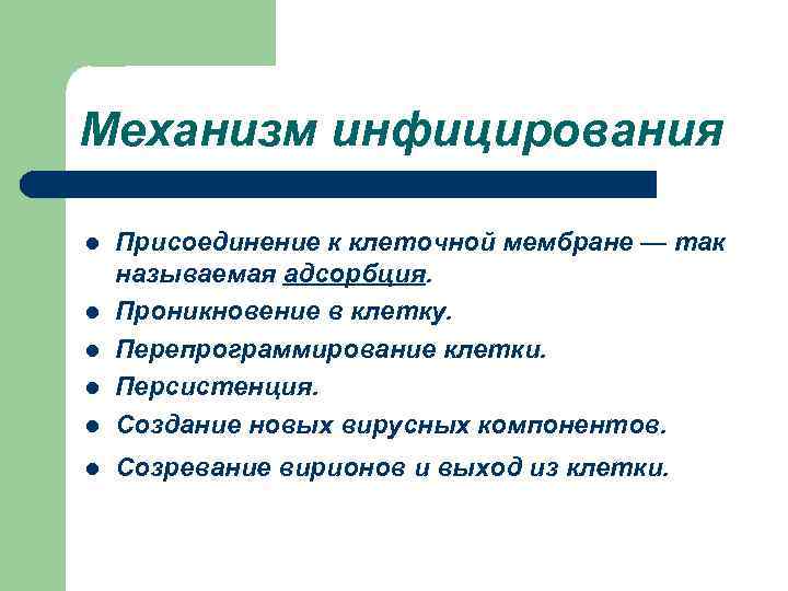 Механизм инфицирования l Присоединение к клеточной мембране — так называемая адсорбция. Проникновение в клетку.