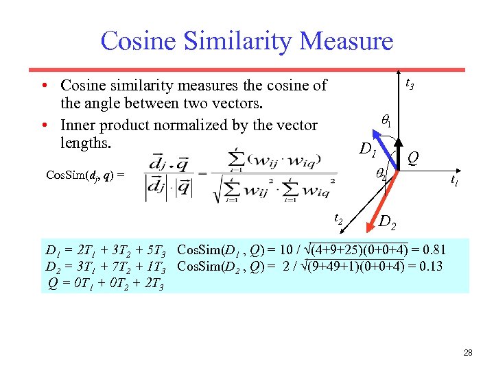 Cosine Similarity Measure t 3 • Cosine similarity measures the cosine of the angle