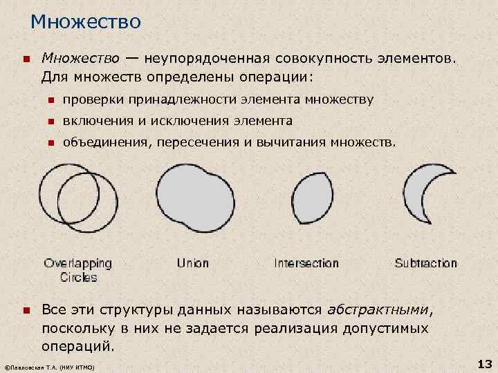 Множество n Множество — неупорядоченная совокупность элементов. Для множеств определены операции: n n включения
