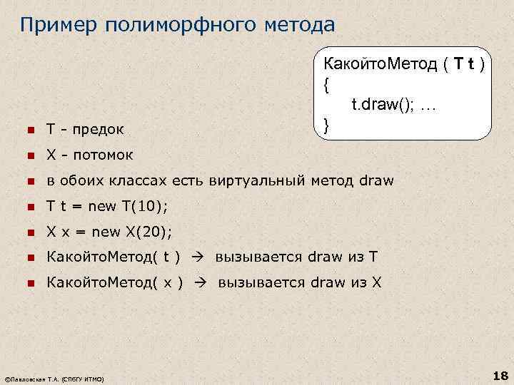 Пример полиморфного метода Какойто. Метод ( Т t ) { t. draw(); … }