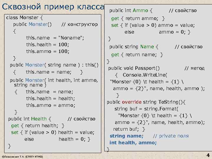 Сквозной пример класса public int Ammo { // свойство class Monster { public Monster()