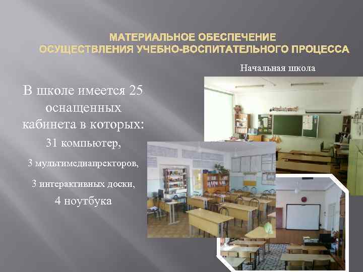 МАТЕРИАЛЬНОЕ ОБЕСПЕЧЕНИЕ ОСУЩЕСТВЛЕНИЯ УЧЕБНО-ВОСПИТАТЕЛЬНОГО ПРОЦЕССА Начальная школа В школе имеется 25 оснащенных кабинета в